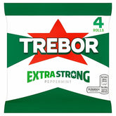 Trebor Extra Strong Peppermints 4 Rolls (145.6g) comes in green and white packaging, offers classic mint flavour for fresh breath, and displays nutritional information on pack.